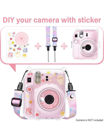 Transparent Protective Case For Fujifilm Insta X Mini 12/ Mini 12 Instant Camera, Hard PVC Material, With Photo Pocket, Can Store 10 Photos- Comes With Shoulder Strap And Camera Stickers- Pink (Stic