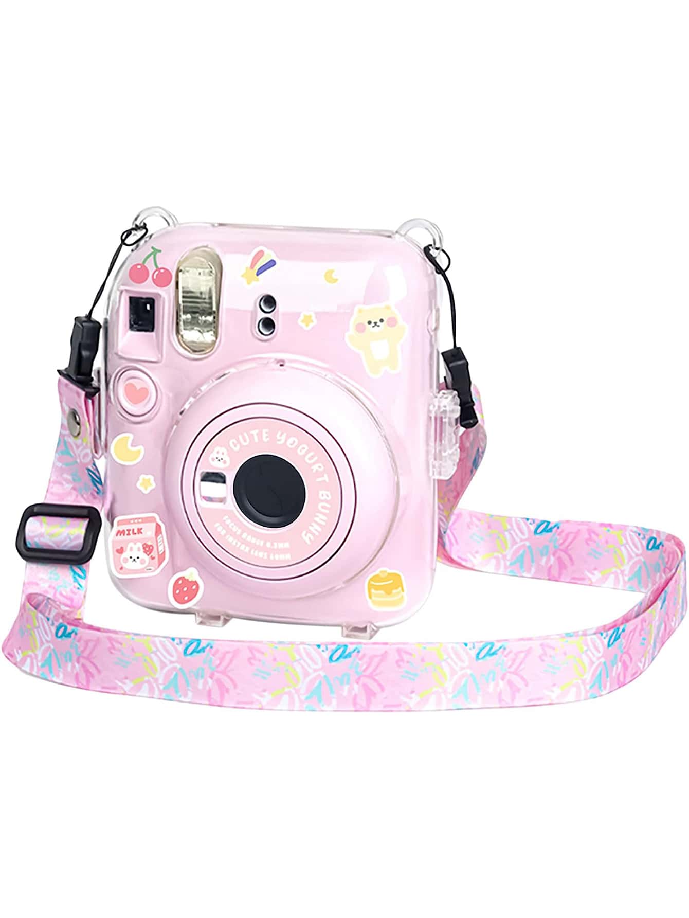 Transparent Protective Case For Fujifilm Insta X Mini 12/ Mini 12 Instant Camera, Hard PVC Material, With Photo Pocket, Can Store 10 Photos- Comes With Shoulder Strap And Camera Stickers- Pink (Stic