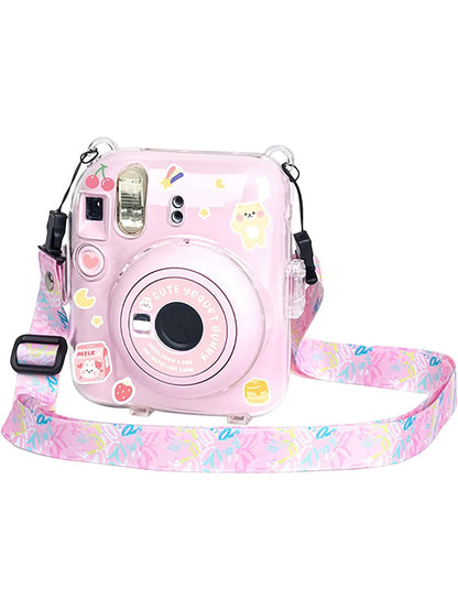 Transparent Protective Case For Fujifilm Insta X Mini 12/ Mini 12 Instant Camera, Hard PVC Material, With Photo Pocket, Can Store 10 Photos- Comes With Shoulder Strap And Camera Stickers- Pink (Stic