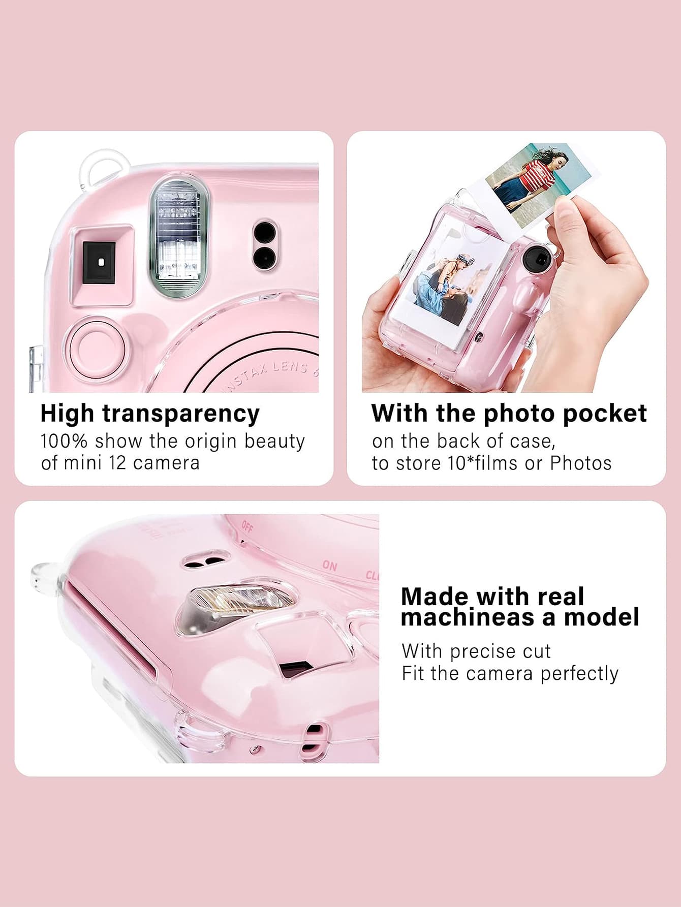Transparent Protective Case For Fujifilm Insta X Mini 12/ Mini 12 Instant Camera, Hard PVC Material, With Photo Pocket, Can Store 10 Photos- Comes With Shoulder Strap And Camera Stickers- Pink (Stic
