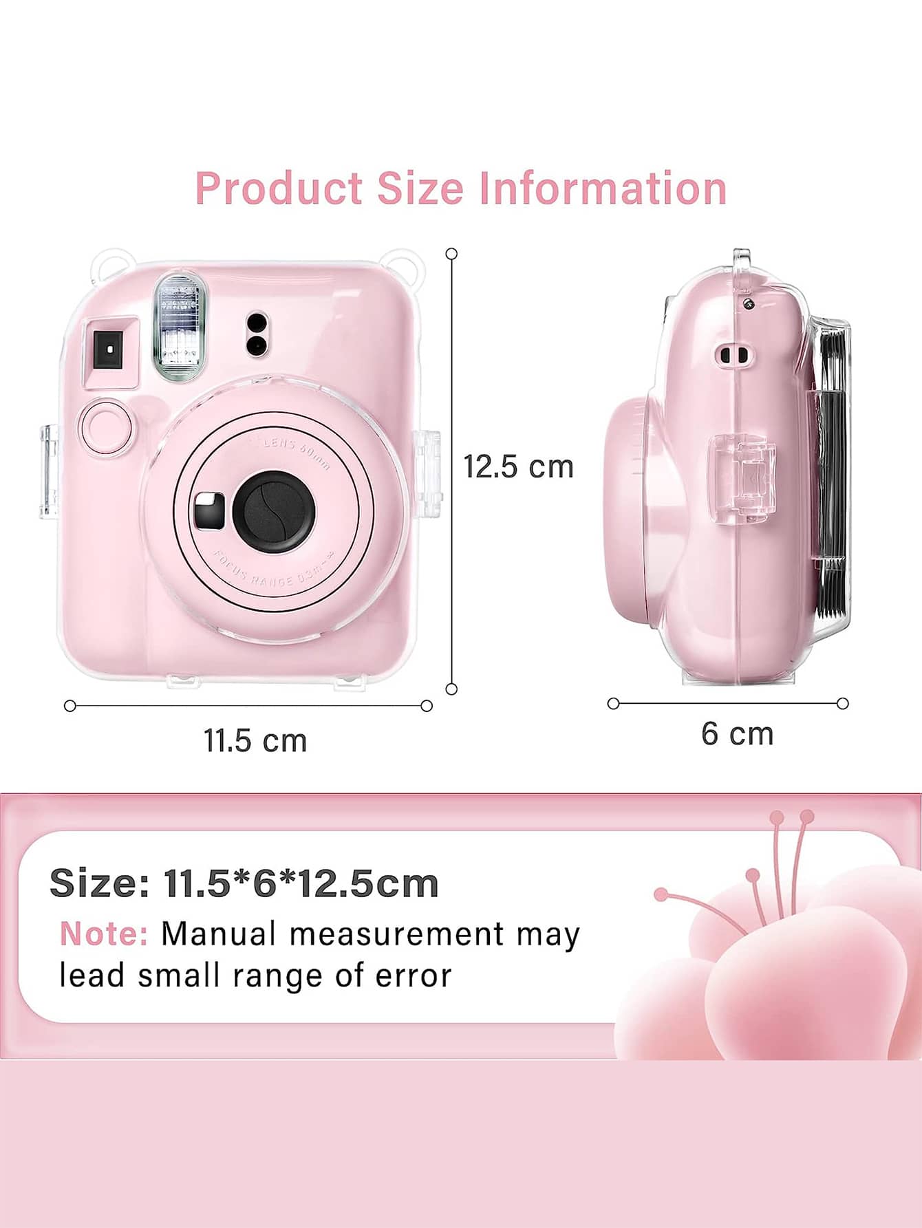 Transparent Protective Case For Fujifilm Insta X Mini 12/ Mini 12 Instant Camera, Hard PVC Material, With Photo Pocket, Can Store 10 Photos- Comes With Shoulder Strap And Camera Stickers- Pink (Stic