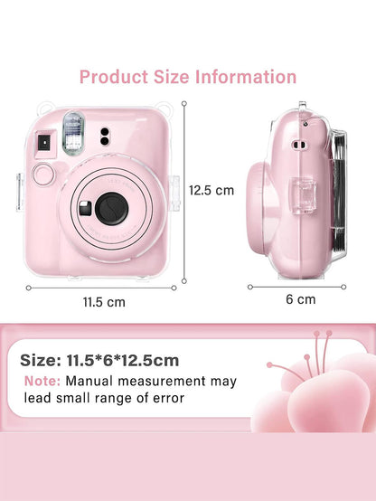 Transparent Protective Case For Fujifilm Insta X Mini 12/ Mini 12 Instant Camera, Hard PVC Material, With Photo Pocket, Can Store 10 Photos- Comes With Shoulder Strap And Camera Stickers- Pink (Stic