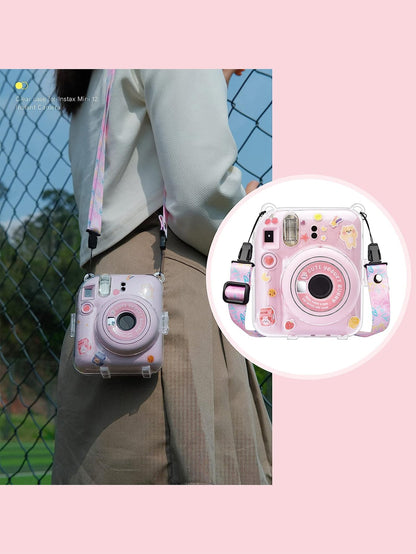 Transparent Protective Case For Fujifilm Insta X Mini 12/ Mini 12 Instant Camera, Hard PVC Material, With Photo Pocket, Can Store 10 Photos- Comes With Shoulder Strap And Camera Stickers- Pink (Stic