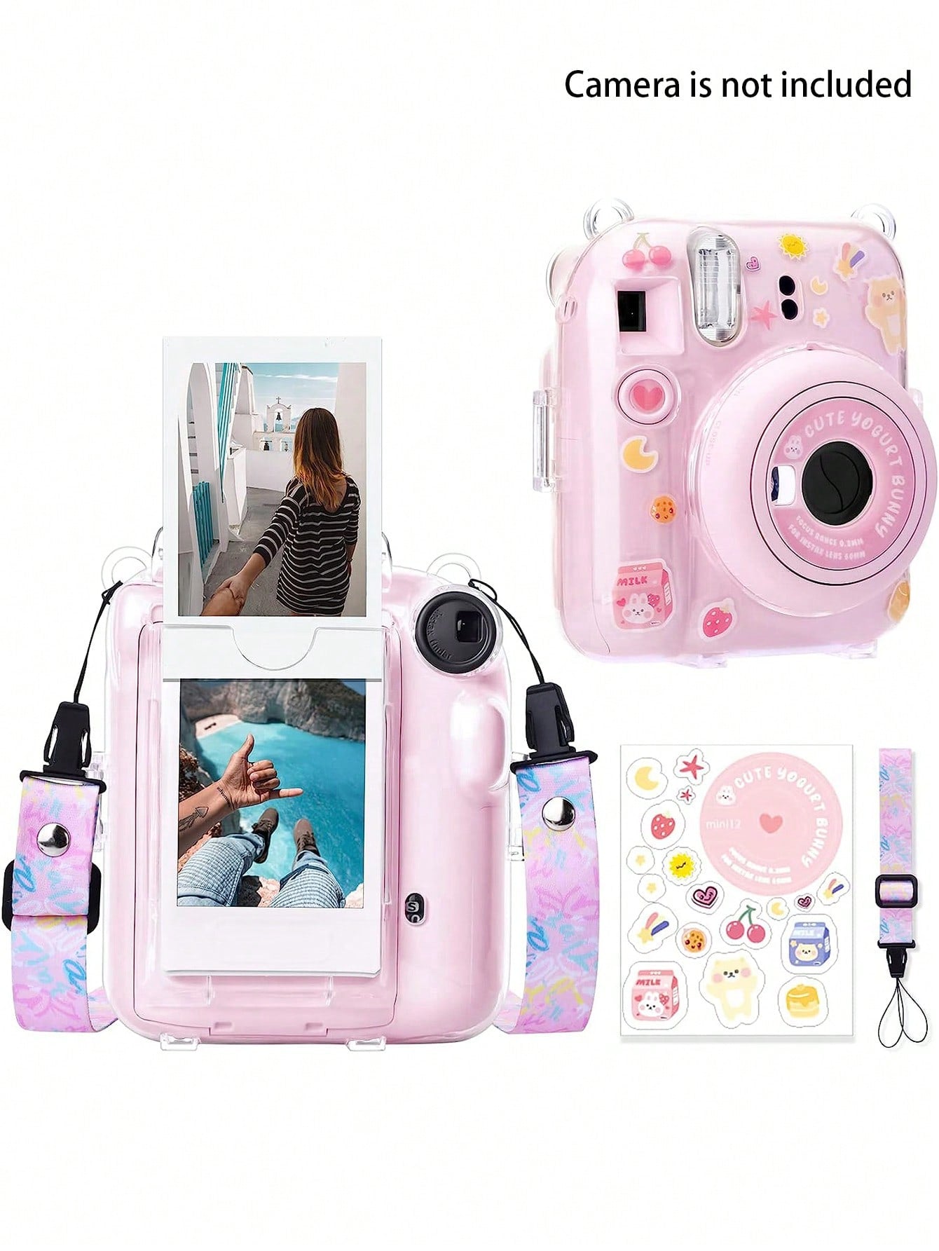 Transparent Protective Case For Fujifilm Insta X Mini 12/ Mini 12 Instant Camera, Hard PVC Material, With Photo Pocket, Can Store 10 Photos- Comes With Shoulder Strap And Camera Stickers- Pink (Stic