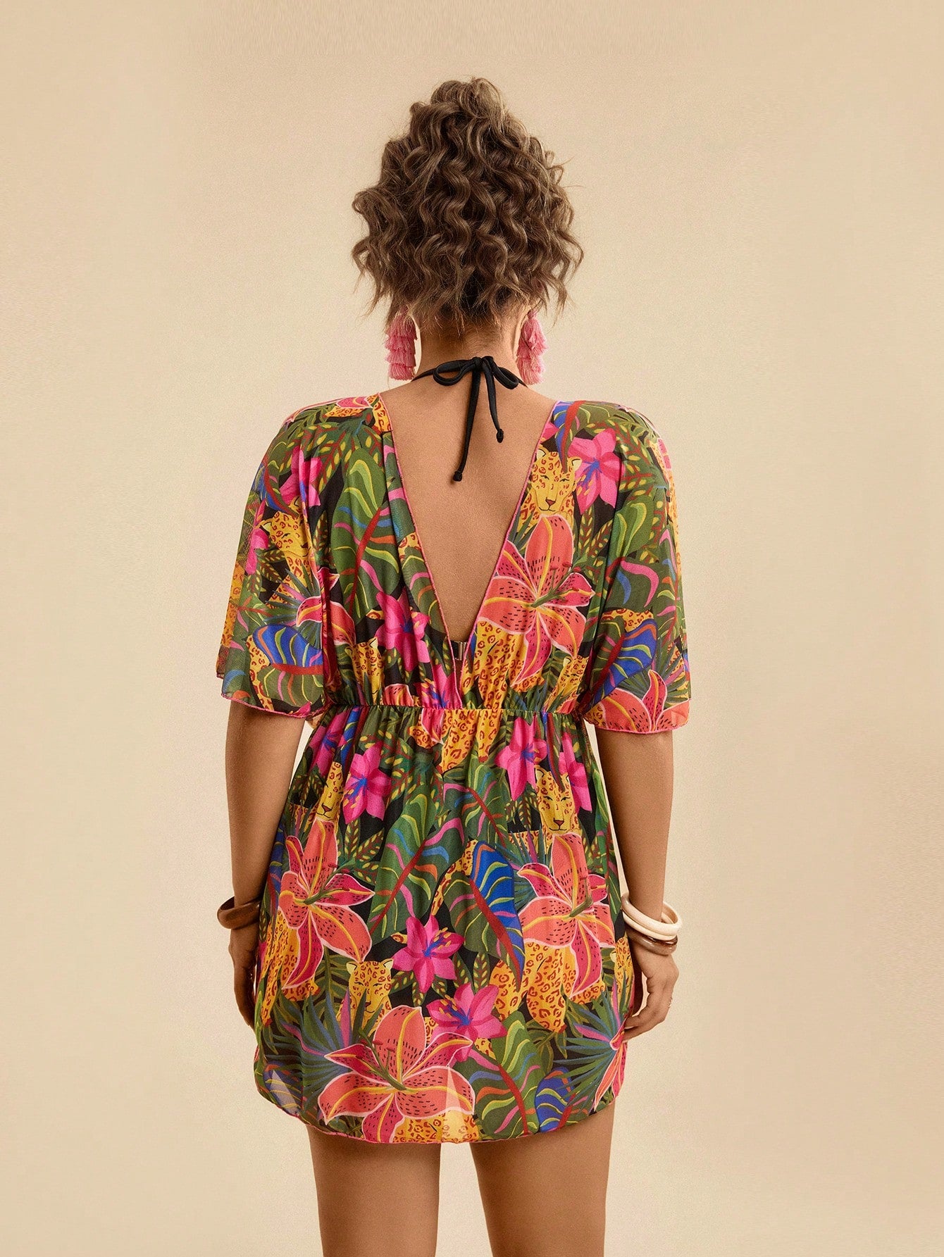 Travachic Plus Size Women's Olive Green Tropical Floral Print Loose V-Neck Criss-Cross Beach Cover Up Swimsuit,Summer Boho Vacation Holiday Casual Sarong