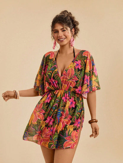 Travachic Plus Size Women's Olive Green Tropical Floral Print Loose V-Neck Criss-Cross Beach Cover Up Swimsuit,Summer Boho Vacation Holiday Casual Sarong