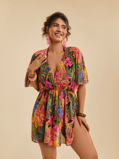 Travachic Plus Size Women's Olive Green Tropical Floral Print Loose V-Neck Criss-Cross Beach Cover Up Swimsuit,Summer Boho Vacation Holiday Casual Sarong