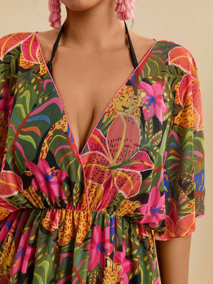 Travachic Plus Size Women's Olive Green Tropical Floral Print Loose V-Neck Criss-Cross Beach Cover Up Swimsuit,Summer Boho Vacation Holiday Casual Sarong