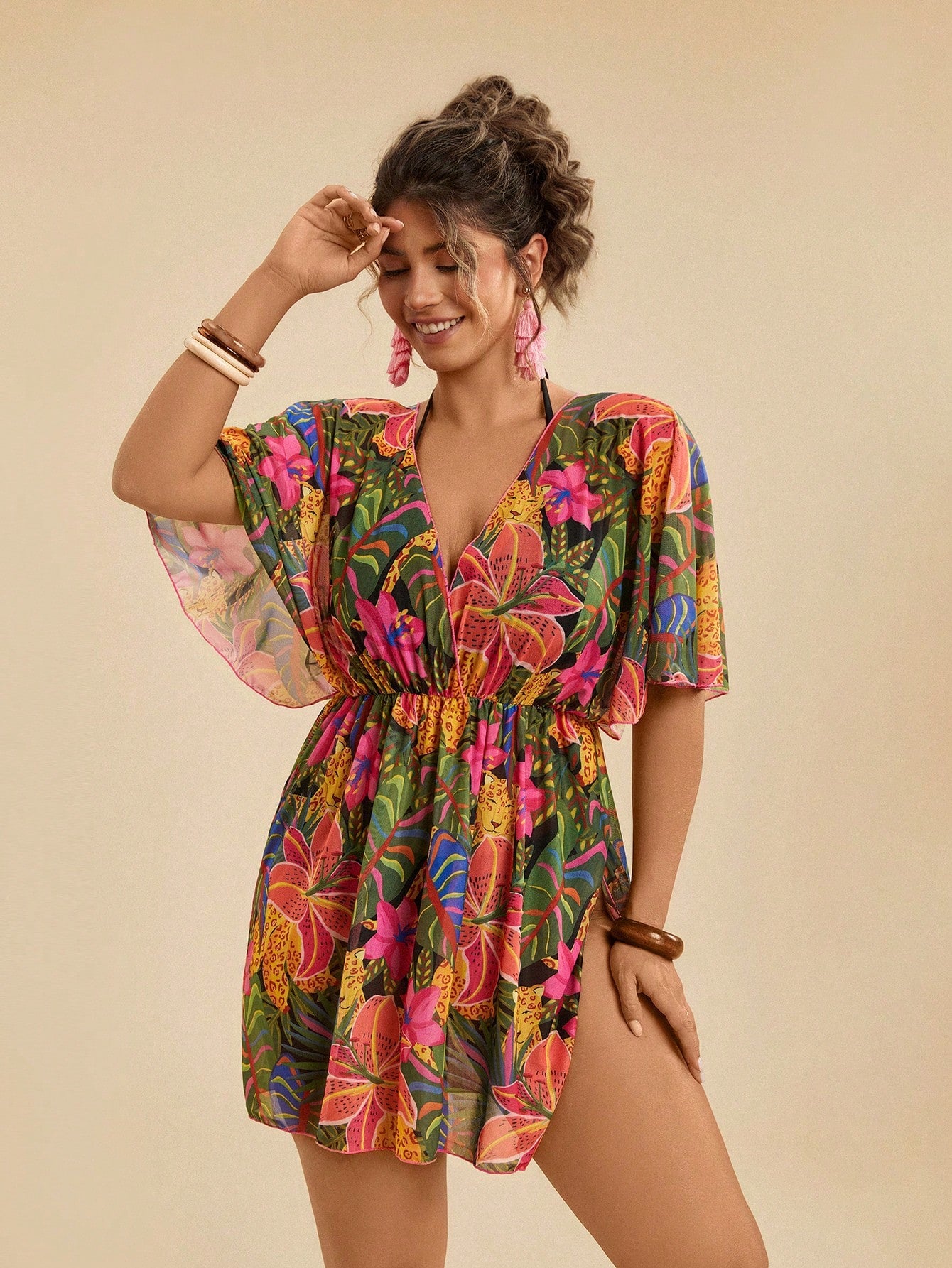 Travachic Plus Size Women's Olive Green Tropical Floral Print Loose V-Neck Criss-Cross Beach Cover Up Swimsuit,Summer Boho Vacation Holiday Casual Sarong