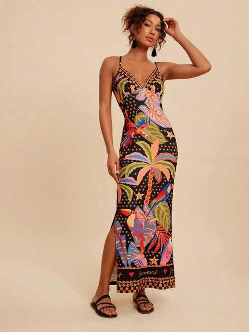 Travachic Women's Black Summer Tropical Print Camisole Dress,Side Slit Hemline Fitted Holiday Vacation Outfits,Bohemian Chic Autumn Elegant Western Style