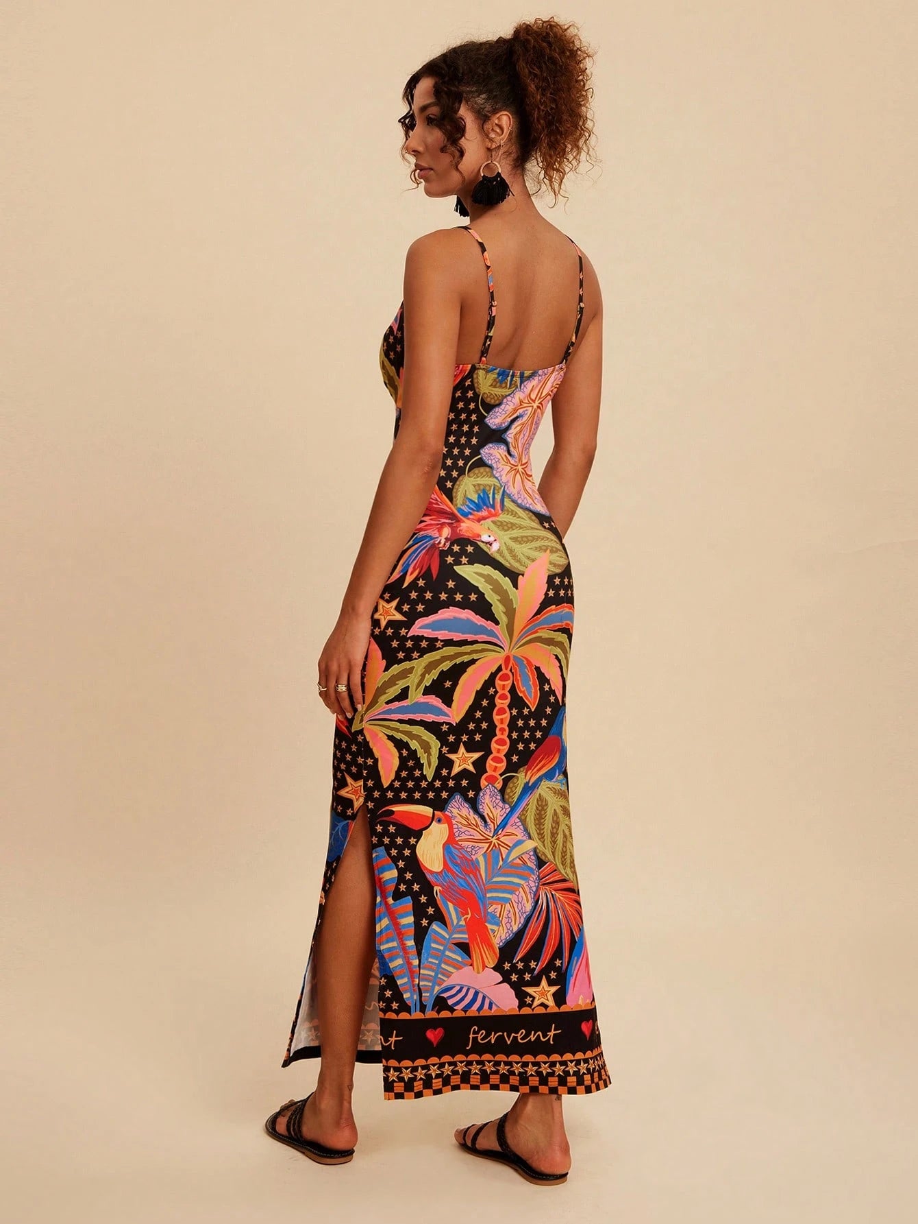 Travachic Women's Black Summer Tropical Print Camisole Dress,Side Slit Hemline Fitted Holiday Vacation Outfits,Bohemian Chic Autumn Elegant Western Style