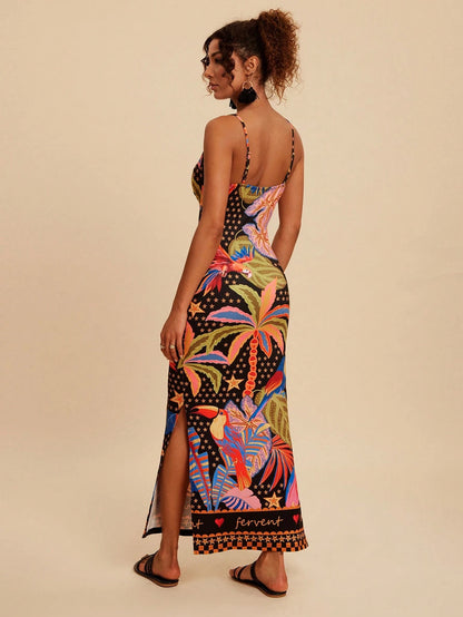 Travachic Women's Black Summer Tropical Print Camisole Dress,Side Slit Hemline Fitted Holiday Vacation Outfits,Bohemian Chic Autumn Elegant Western Style