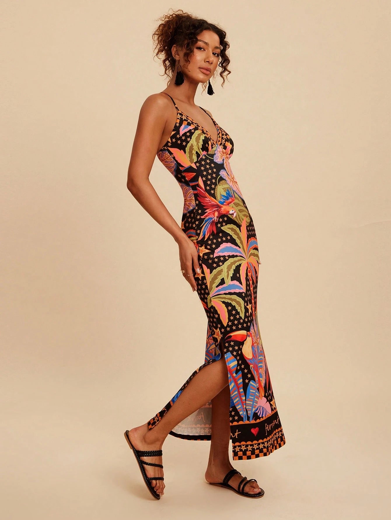 Travachic Women's Black Summer Tropical Print Camisole Dress,Side Slit Hemline Fitted Holiday Vacation Outfits,Bohemian Chic Autumn Elegant Western Style