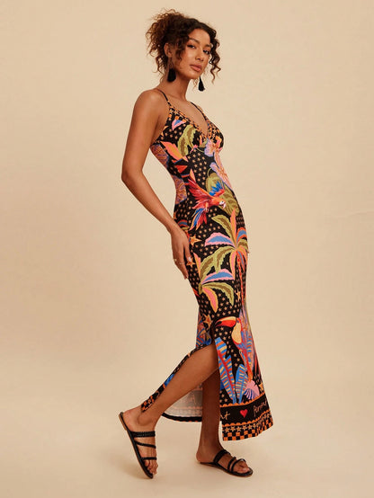 Travachic Women's Black Summer Tropical Print Camisole Dress,Side Slit Hemline Fitted Holiday Vacation Outfits,Bohemian Chic Autumn Elegant Western Style