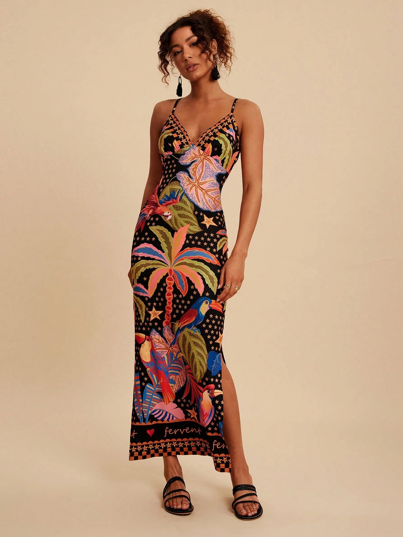 Travachic Women's Black Summer Tropical Print Camisole Dress,Side Slit Hemline Fitted Holiday Vacation Outfits,Bohemian Chic Autumn Elegant Western Style