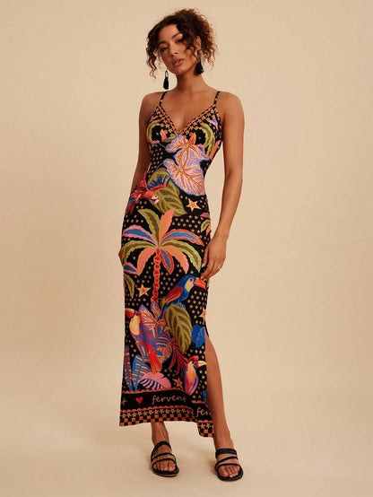 Travachic Women's Black Summer Tropical Print Camisole Dress,Side Slit Hemline Fitted Holiday Vacation Outfits,Bohemian Chic Autumn Elegant Western Style