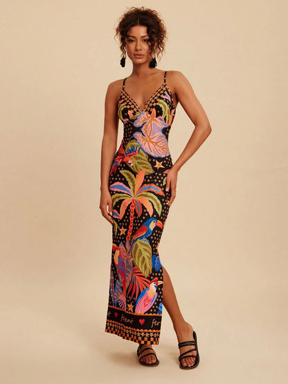 Travachic Women's Black Summer Tropical Print Camisole Dress,Side Slit Hemline Fitted Holiday Vacation Outfits,Bohemian Chic Autumn Elegant Western Style