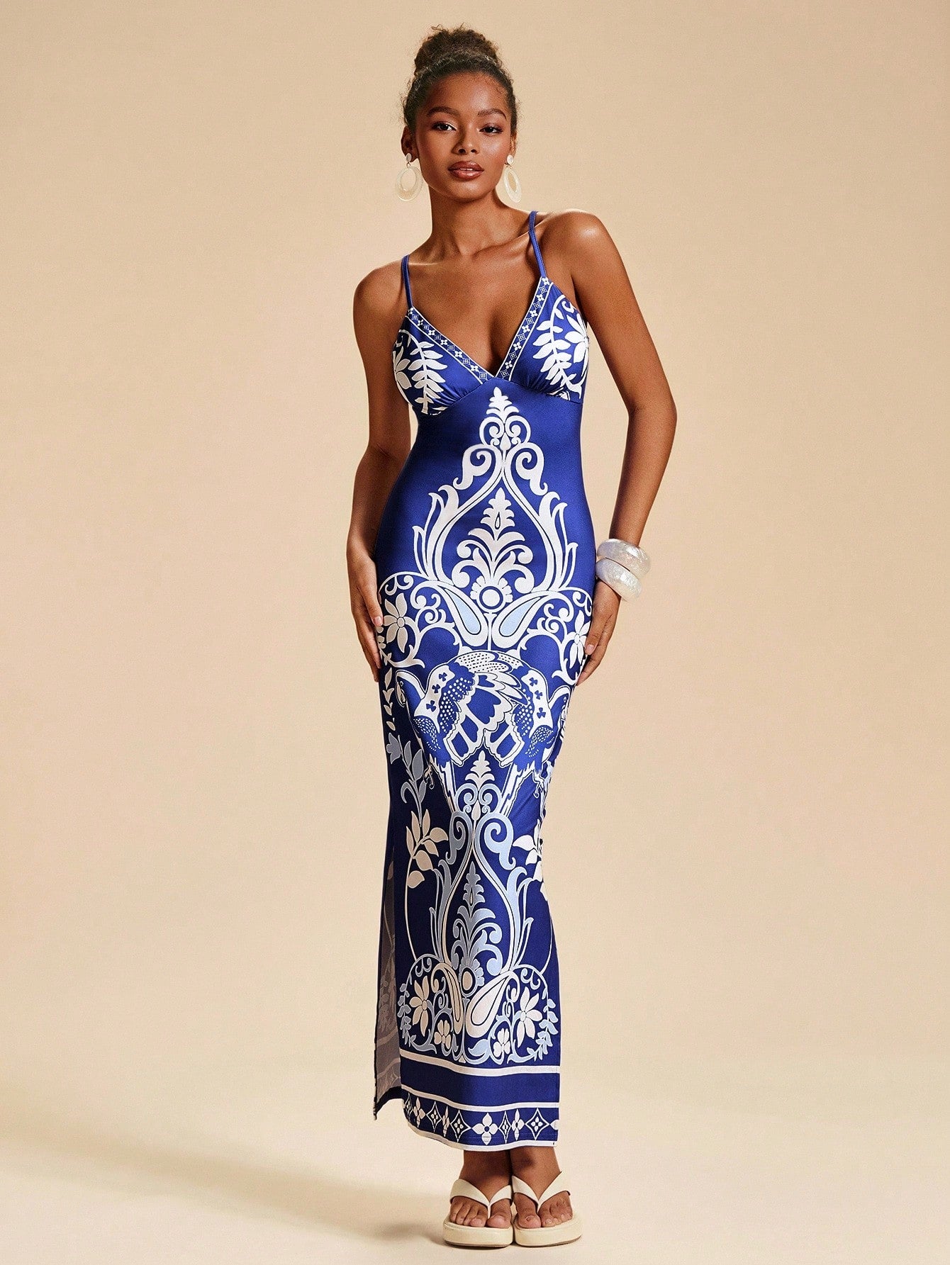 Travachic Women's Black Summer Tropical Print Camisole Dress,Side Slit Hemline Fitted Holiday Vacation Outfits,Bohemian Chic Autumn Elegant Western Style