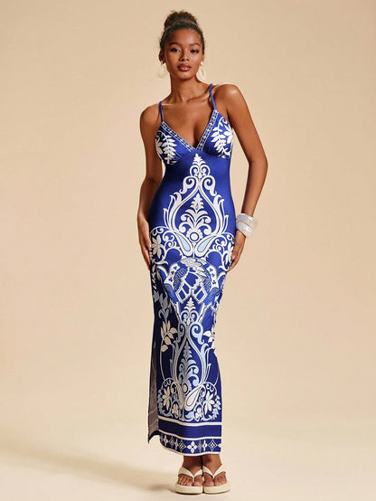 Travachic Women's Black Summer Tropical Print Camisole Dress,Side Slit Hemline Fitted Holiday Vacation Outfits,Bohemian Chic Autumn Elegant Western Style
