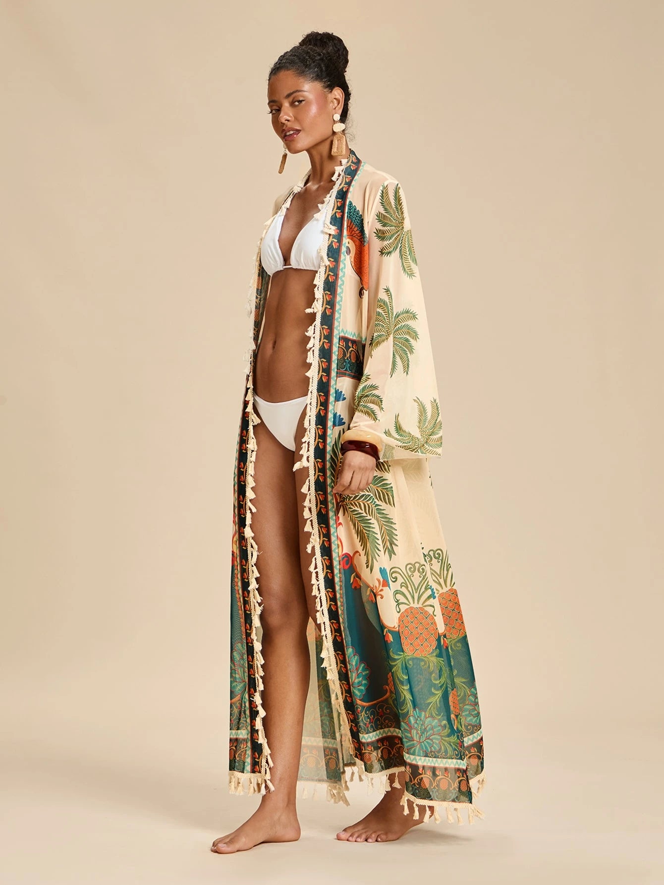 Travachic Women's Coconut Tree Print Casual Beach Cover Up Robe, Summer Vacation, Elegant Party Dress, Work Wear, Festival Outfits, Country, Casual