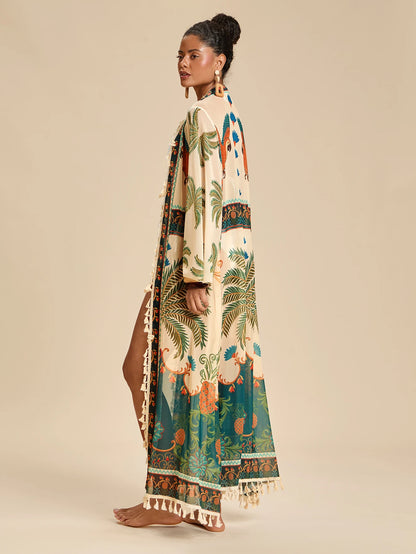 Travachic Women's Coconut Tree Print Casual Beach Cover Up Robe, Summer Vacation, Elegant Party Dress, Work Wear, Festival Outfits, Country, Casual