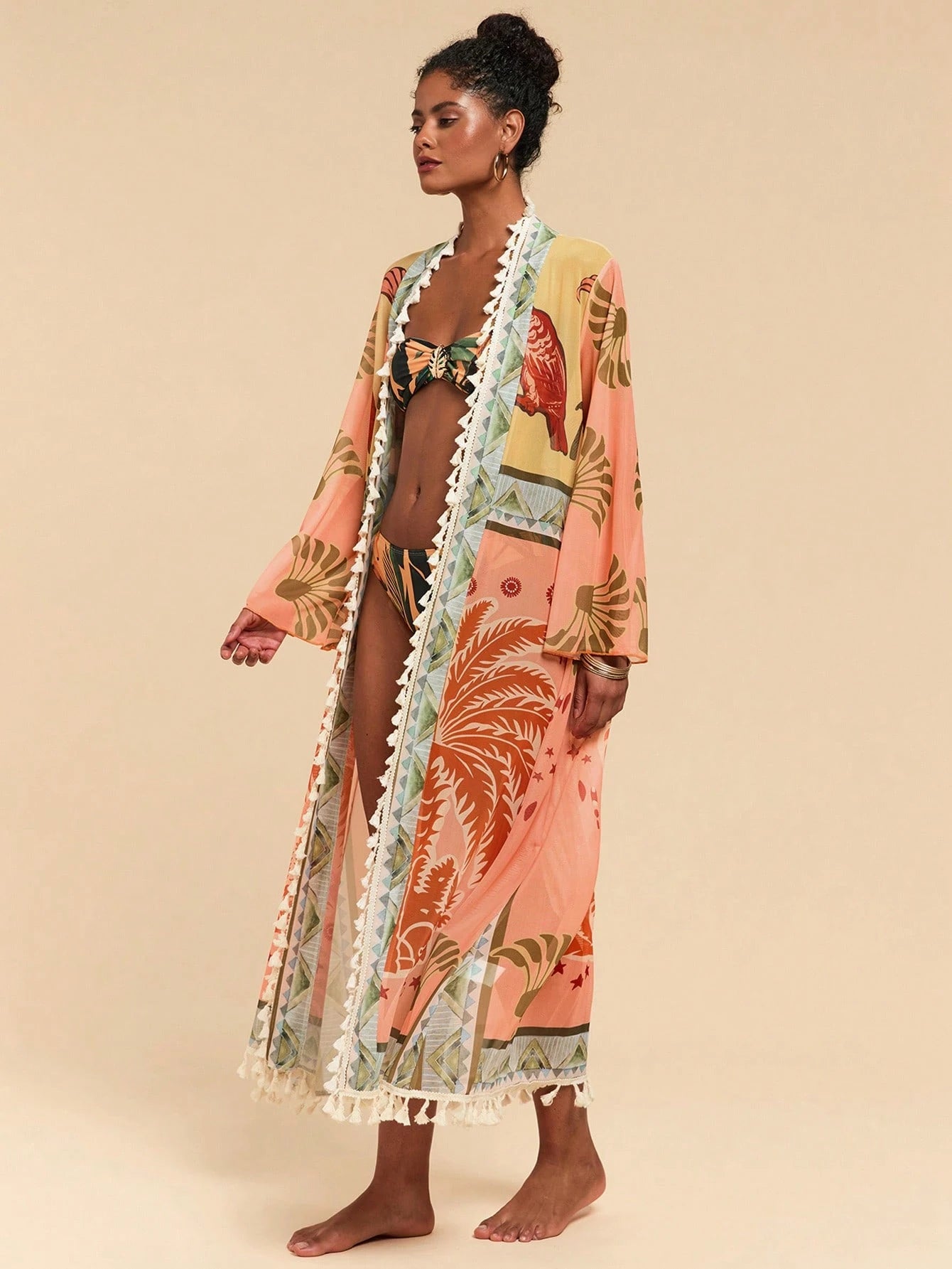 Travachic Women's Coconut Tree Print Casual Beach Cover Up Robe, Summer Vacation, Elegant Party Dress, Work Wear, Festival Outfits, Country, Casual