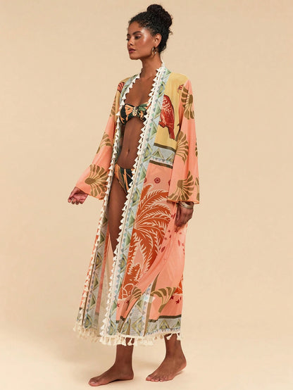 Travachic Women's Coconut Tree Print Casual Beach Cover Up Robe, Summer Vacation, Elegant Party Dress, Work Wear, Festival Outfits, Country, Casual