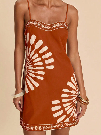 Travachic Women's Geometric Print Casual Tropical Daily Beach Vacation Date Outing Mini Camisole Dress Rust Brown Summer