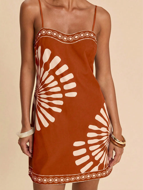 Travachic Women's Geometric Print Casual Tropical Daily Beach Vacation Date Outing Mini Camisole Dress Rust Brown Summer