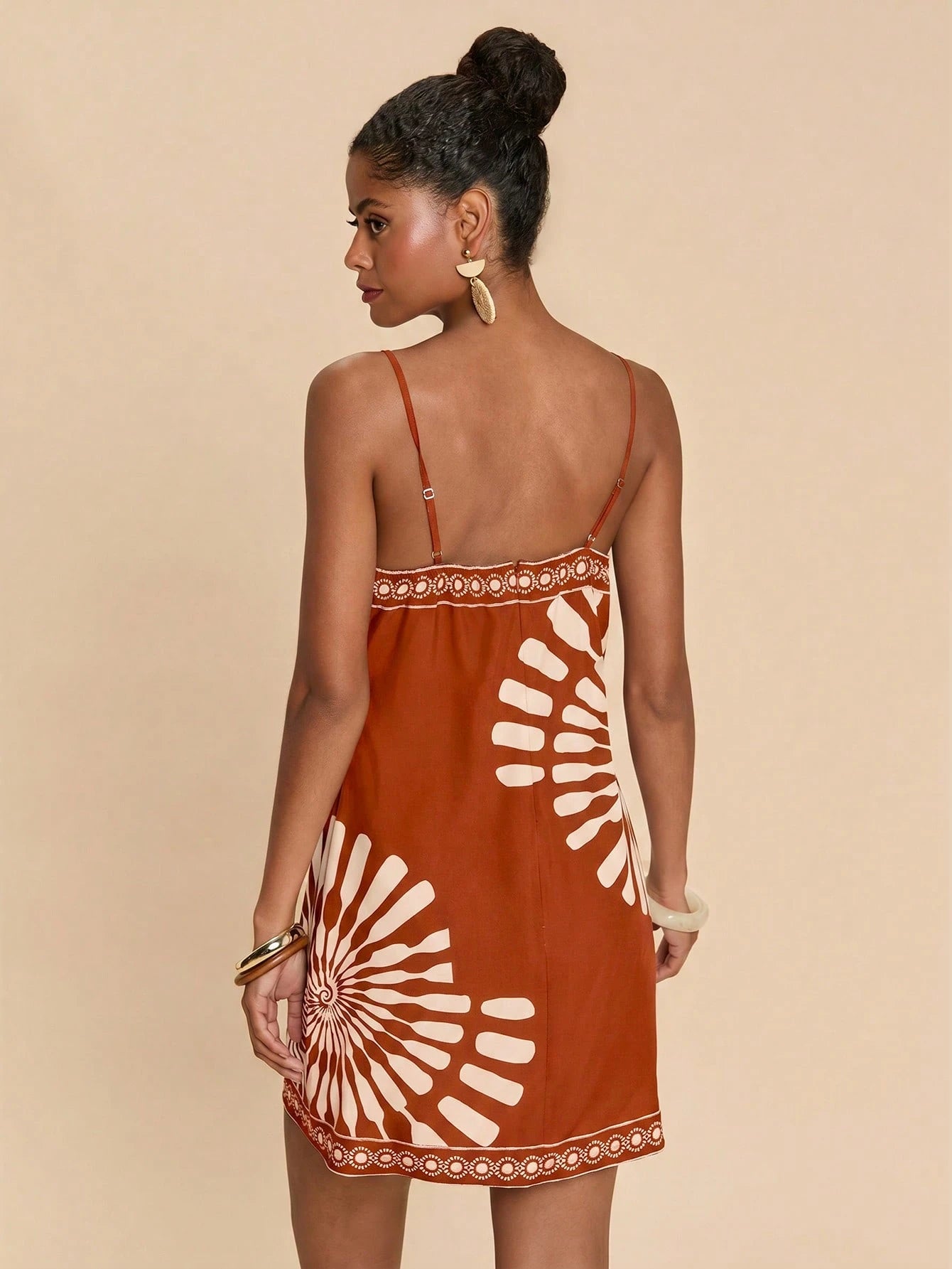 Travachic Women's Geometric Print Casual Tropical Daily Beach Vacation Date Outing Mini Camisole Dress Rust Brown Summer