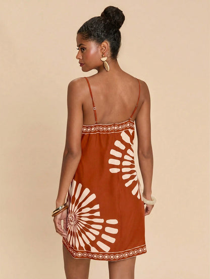 Travachic Women's Geometric Print Casual Tropical Daily Beach Vacation Date Outing Mini Camisole Dress Rust Brown Summer
