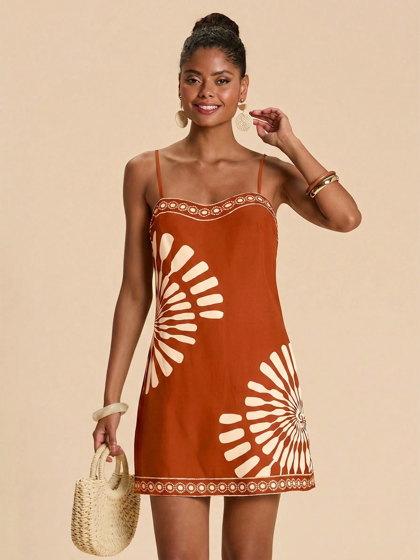 Travachic Women's Geometric Print Casual Tropical Daily Beach Vacation Date Outing Mini Camisole Dress Rust Brown Summer