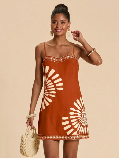 Travachic Women's Geometric Print Casual Tropical Daily Beach Vacation Date Outing Mini Camisole Dress Rust Brown Summer