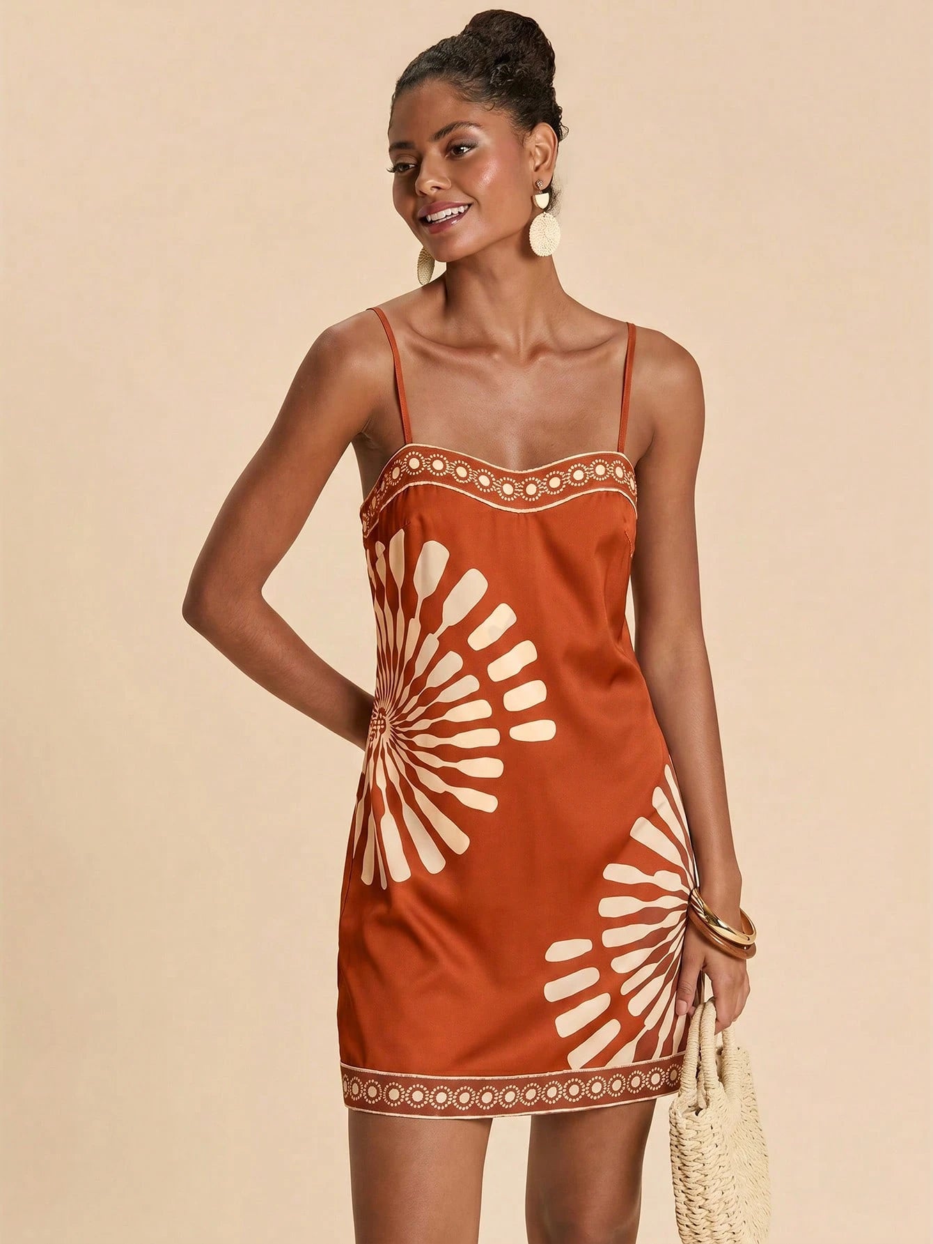 Travachic Women's Geometric Print Casual Tropical Daily Beach Vacation Date Outing Mini Camisole Dress Rust Brown Summer
