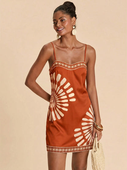 Travachic Women's Geometric Print Casual Tropical Daily Beach Vacation Date Outing Mini Camisole Dress Rust Brown Summer