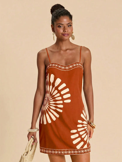 Travachic Women's Geometric Print Casual Tropical Daily Beach Vacation Date Outing Mini Camisole Dress Rust Brown Summer