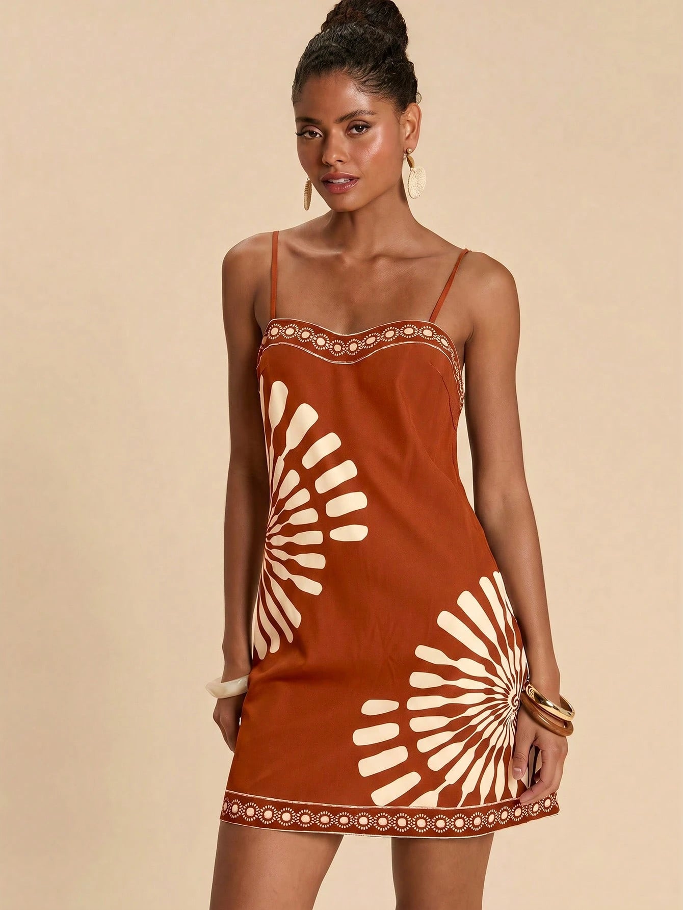 Travachic Women's Geometric Print Casual Tropical Daily Beach Vacation Date Outing Mini Camisole Dress Rust Brown Summer