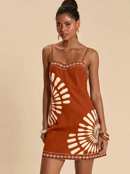Travachic Women's Geometric Print Casual Tropical Daily Beach Vacation Date Outing Mini Camisole Dress Rust Brown Summer