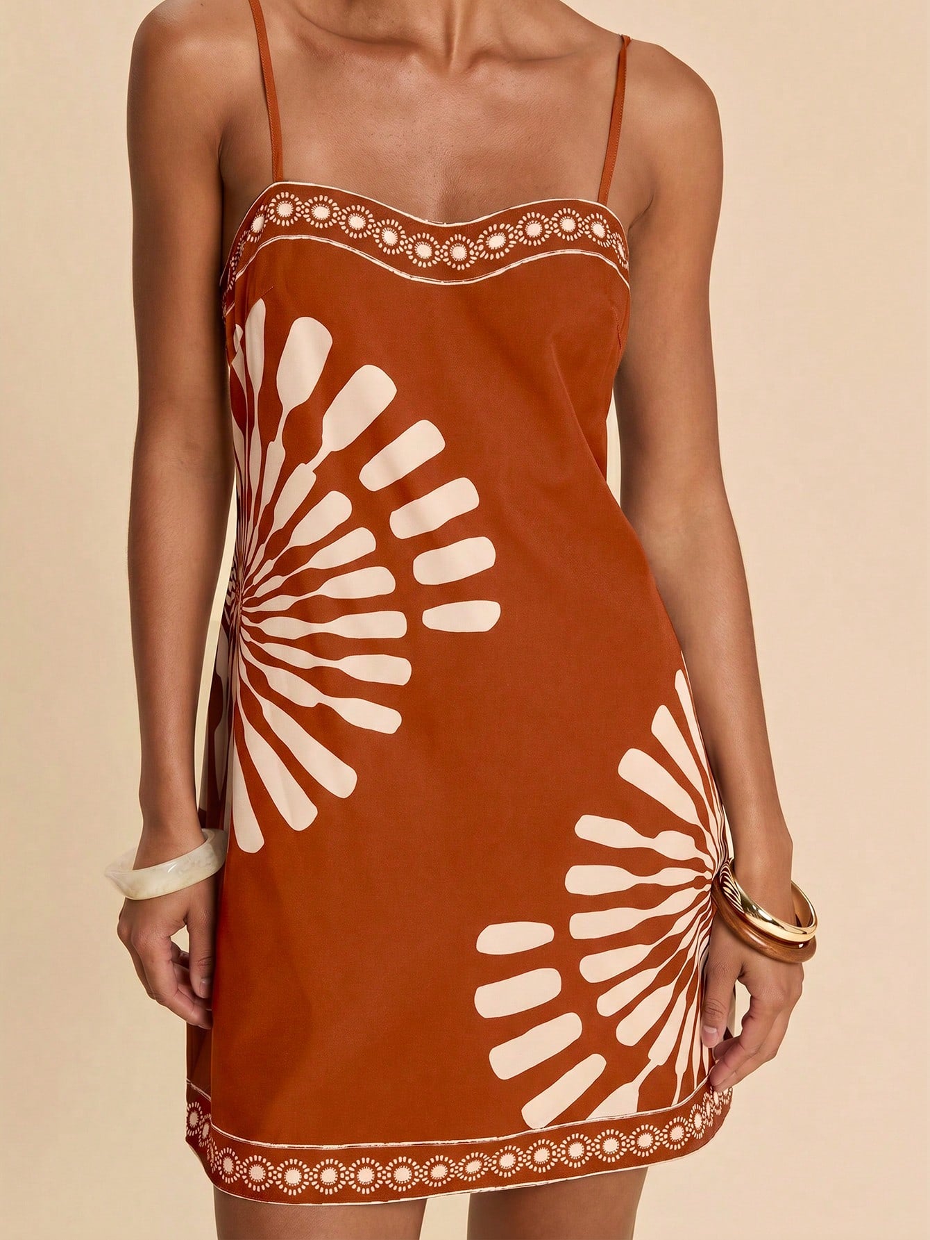 Travachic Women's Geometric Print Casual Tropical Daily Beach Vacation Date Outing Mini Camisole Dress Rust Brown Summer