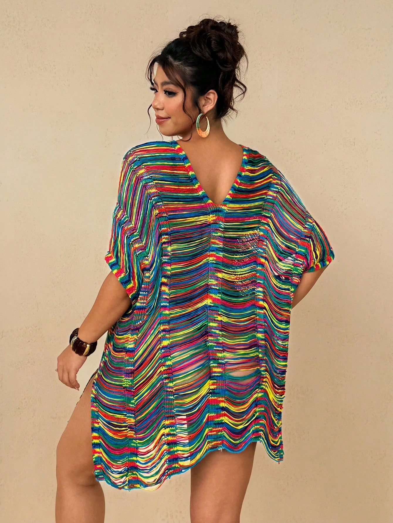 Travachic Women's Plus Size Rainbow Striped Knit Beach Cover Up- Sexy V-Neck Distressed Fringe Tunic Dress Bikini Swimwear Resort Wear