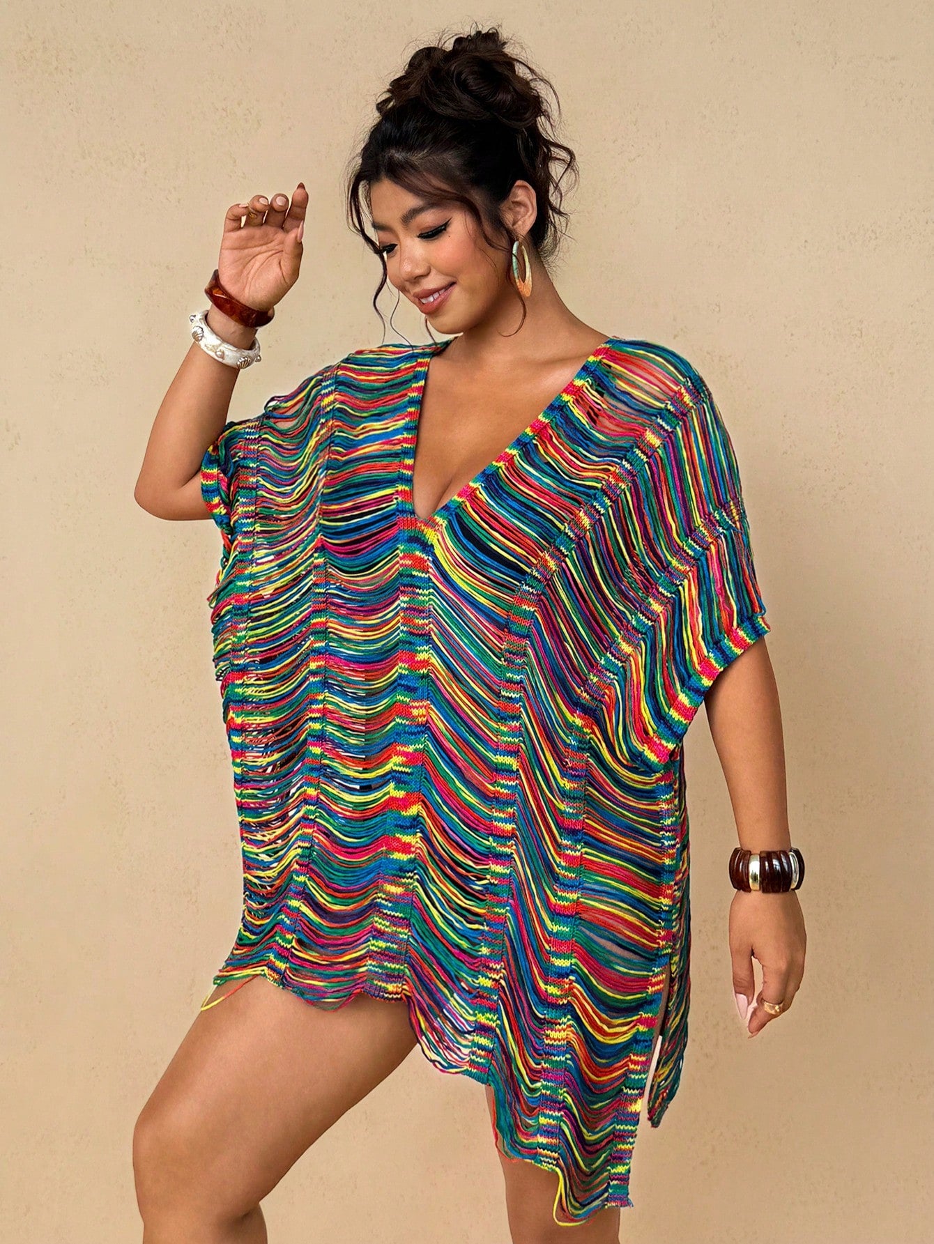Travachic Women's Plus Size Rainbow Striped Knit Beach Cover Up- Sexy V-Neck Distressed Fringe Tunic Dress Bikini Swimwear Resort Wear