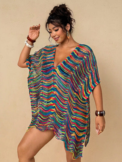 Travachic Women's Plus Size Rainbow Striped Knit Beach Cover Up- Sexy V-Neck Distressed Fringe Tunic Dress Bikini Swimwear Resort Wear
