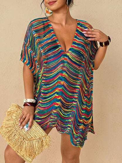 Travachic Women's Plus Size Rainbow Striped Knit Beach Cover Up- Sexy V-Neck Distressed Fringe Tunic Dress Bikini Swimwear Resort Wear
