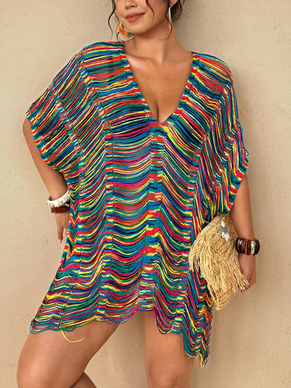 Travachic Women's Plus Size Rainbow Striped Knit Beach Cover Up- Sexy V-Neck Distressed Fringe Tunic Dress Bikini Swimwear Resort Wear