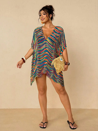 Travachic Women's Plus Size Rainbow Striped Knit Beach Cover Up- Sexy V-Neck Distressed Fringe Tunic Dress Bikini Swimwear Resort Wear