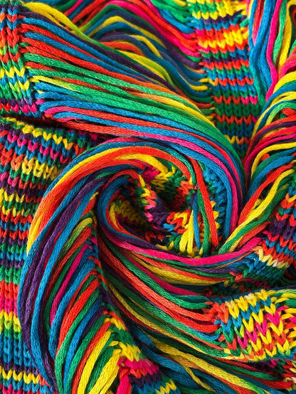 Travachic Women's Plus Size Rainbow Striped Knit Beach Cover Up- Sexy V-Neck Distressed Fringe Tunic Dress Bikini Swimwear Resort Wear