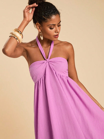 Travachic Women's Sexy Tropical Textured Wave Shirred Halter Backless Dress, Suitable For Spring/Summer Vacation Beach Vacation Light Purple
