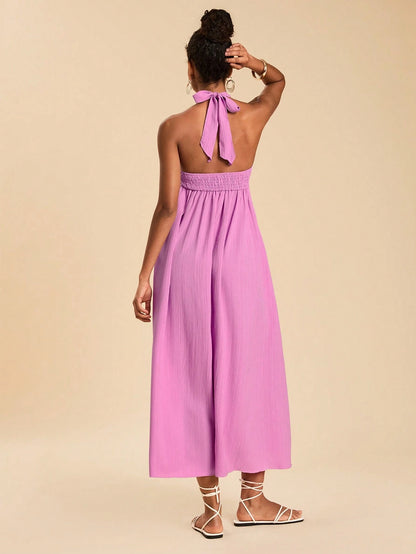Travachic Women's Sexy Tropical Textured Wave Shirred Halter Backless Dress, Suitable For Spring/Summer Vacation Beach Vacation Light Purple