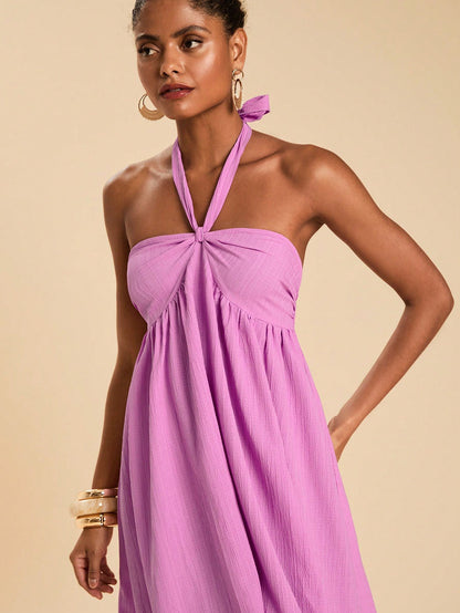 Travachic Women's Sexy Tropical Textured Wave Shirred Halter Backless Dress, Suitable For Spring/Summer Vacation Beach Vacation Light Purple
