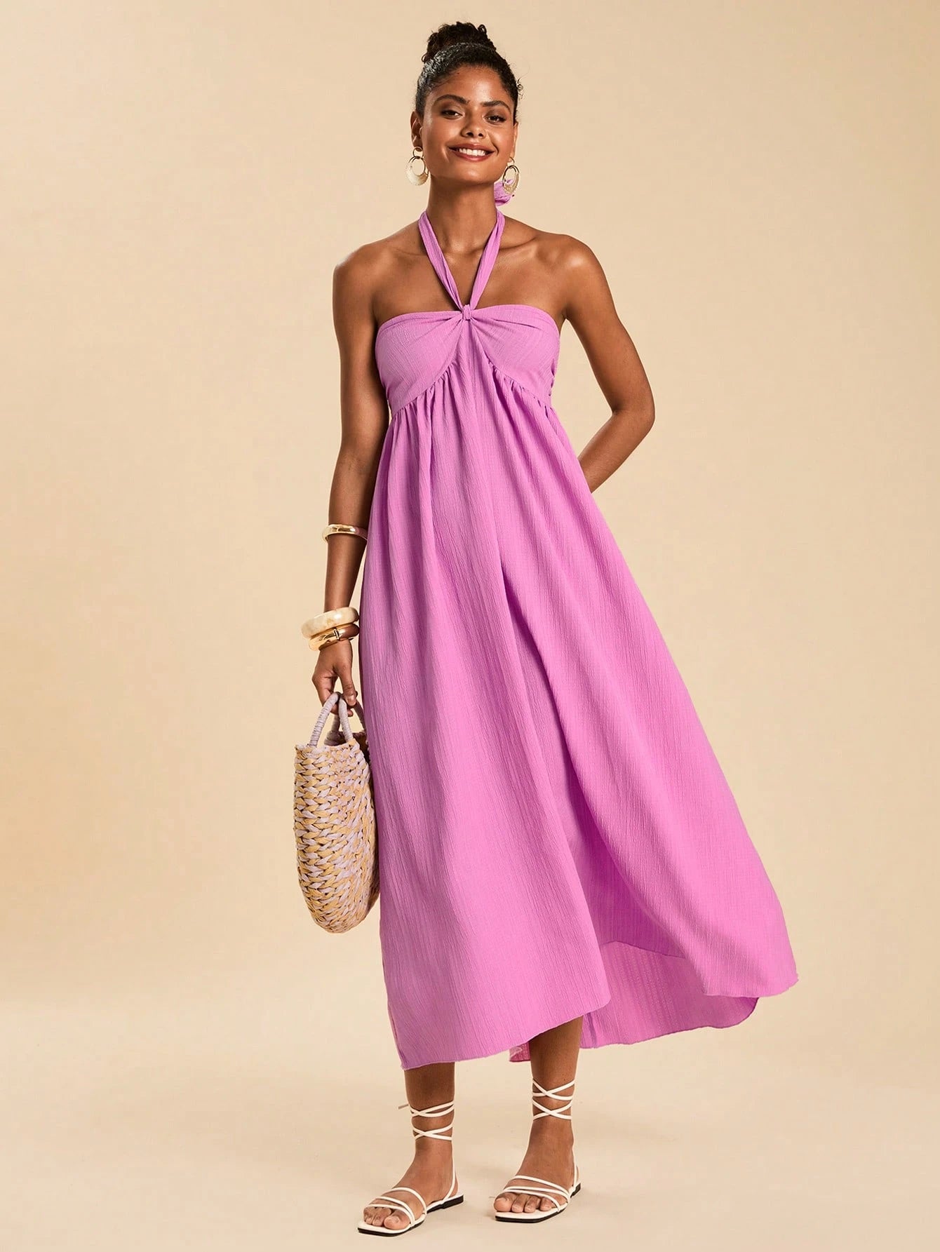 Travachic Women's Sexy Tropical Textured Wave Shirred Halter Backless Dress, Suitable For Spring/Summer Vacation Beach Vacation Light Purple